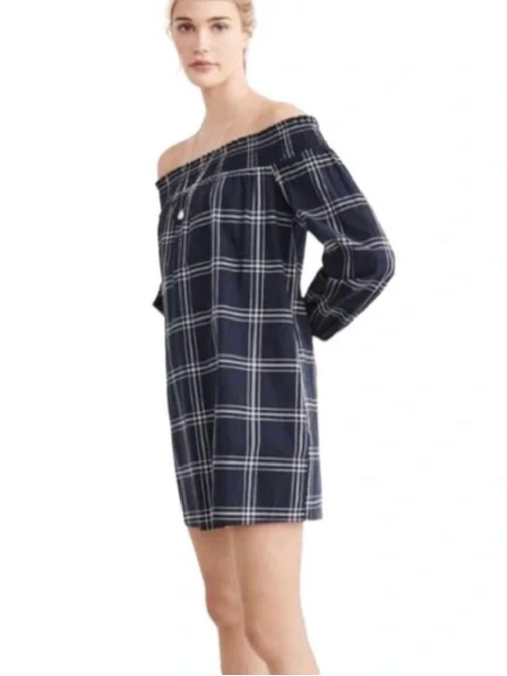 Abercrombie & Fitch Navy and White Plaid off the shoulder dress XS
